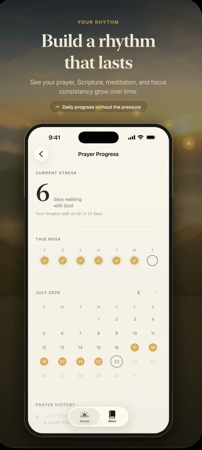 First Light prayer progress showing a streak calendar