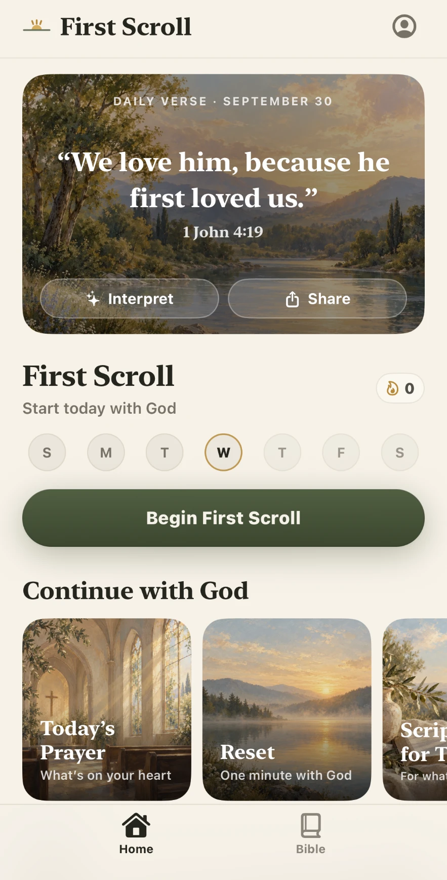 First Scroll home screen with today's verse and prayer